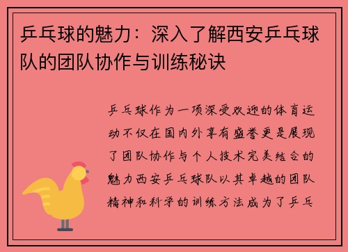 乒乓球的魅力：深入了解西安乒乓球队的团队协作与训练秘诀
